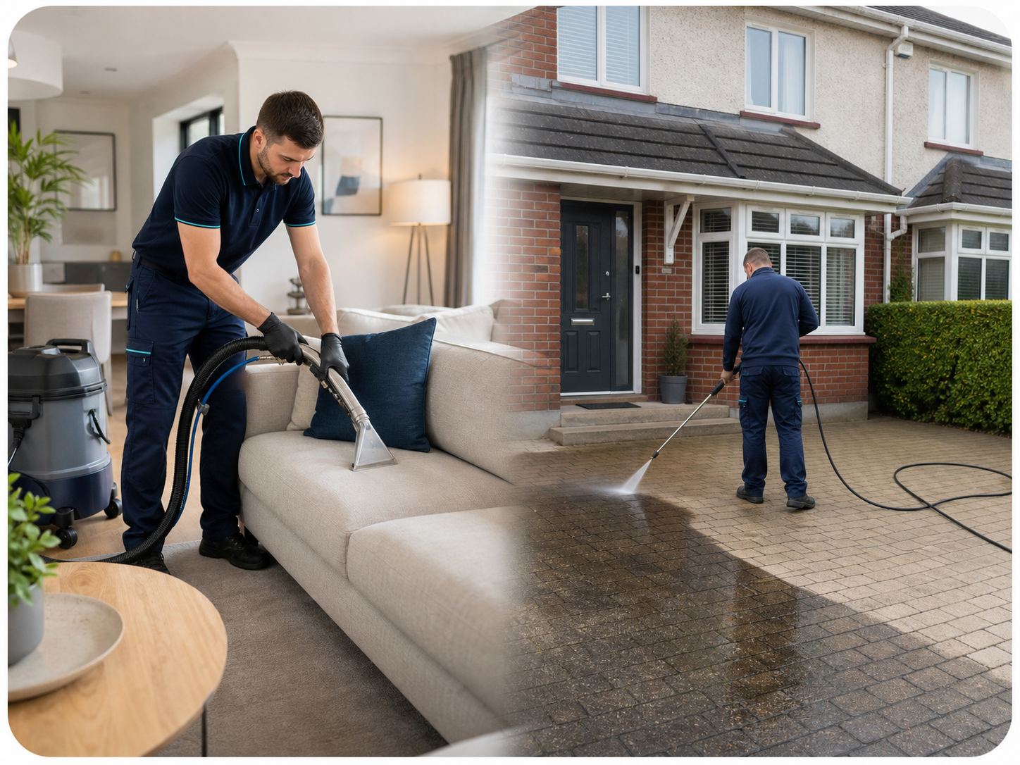 BeClean Solutions technician cleaning a sofa inside and a driveway outside a Dublin home